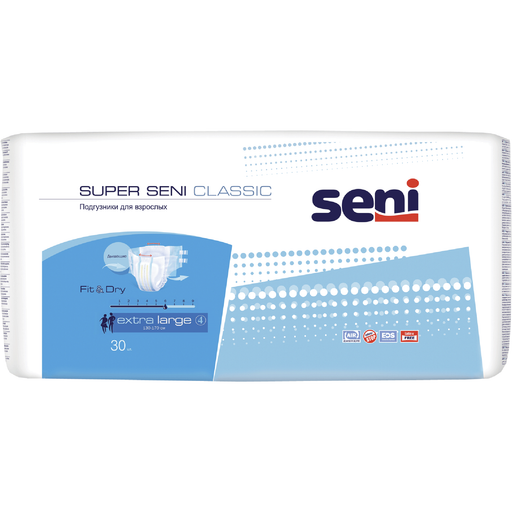Seni Super Classic Подгузники для взрослых, Extra Large XL (4), 130-170 см, 30 шт.