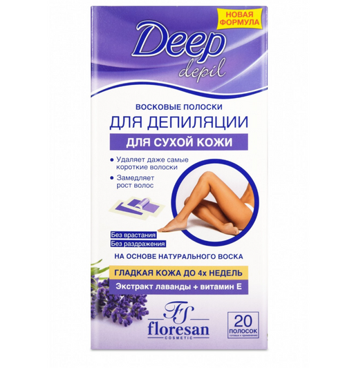 Floresan Deep Depil восковые полоски для сухой кожи, Ф-486, полоски восковые, с лавандой и витамином Е, 20 шт.